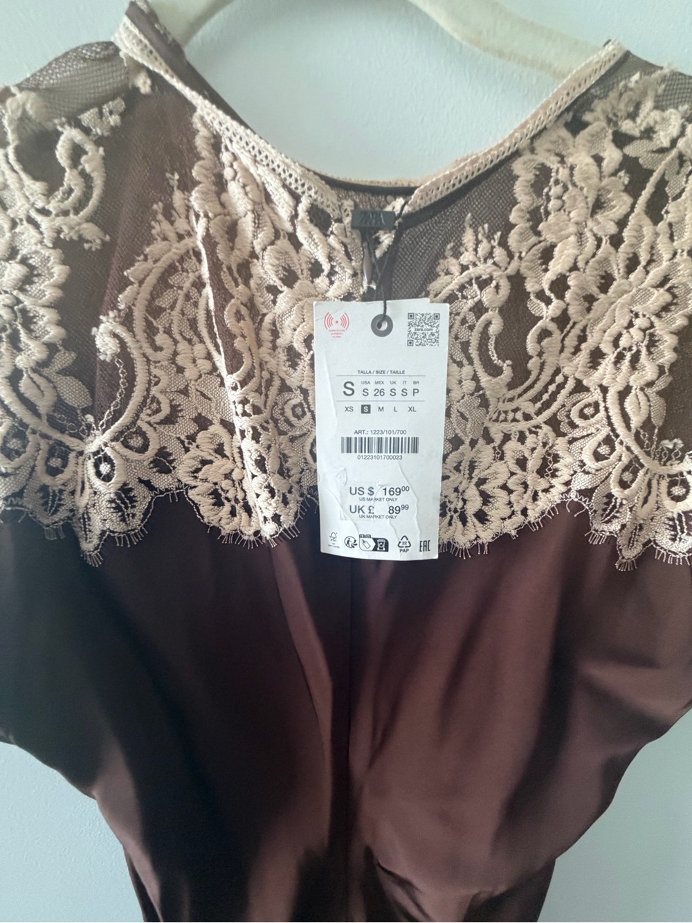 Zara NWT Collection Brown cream Satin Lace Women's dress size small